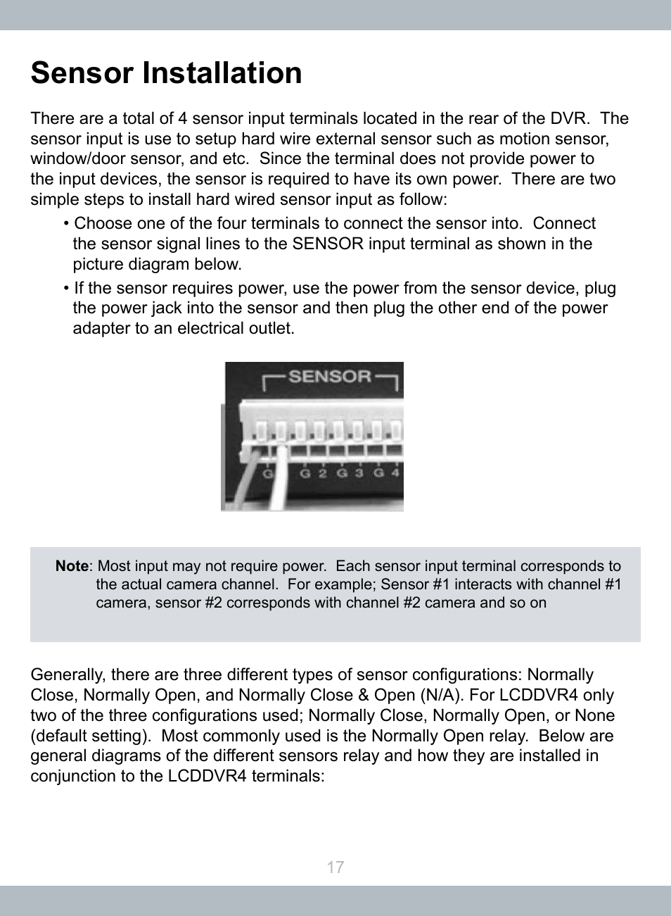 Sensor installation | SecurityMan LCDDVR4 User Manual | Page 23 / 78