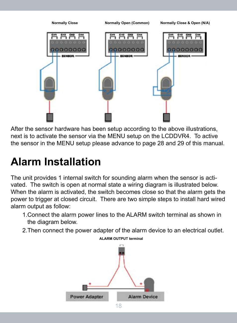 Alarm installation | SecurityMan LCDDVR4 User Manual | Page 24 / 78