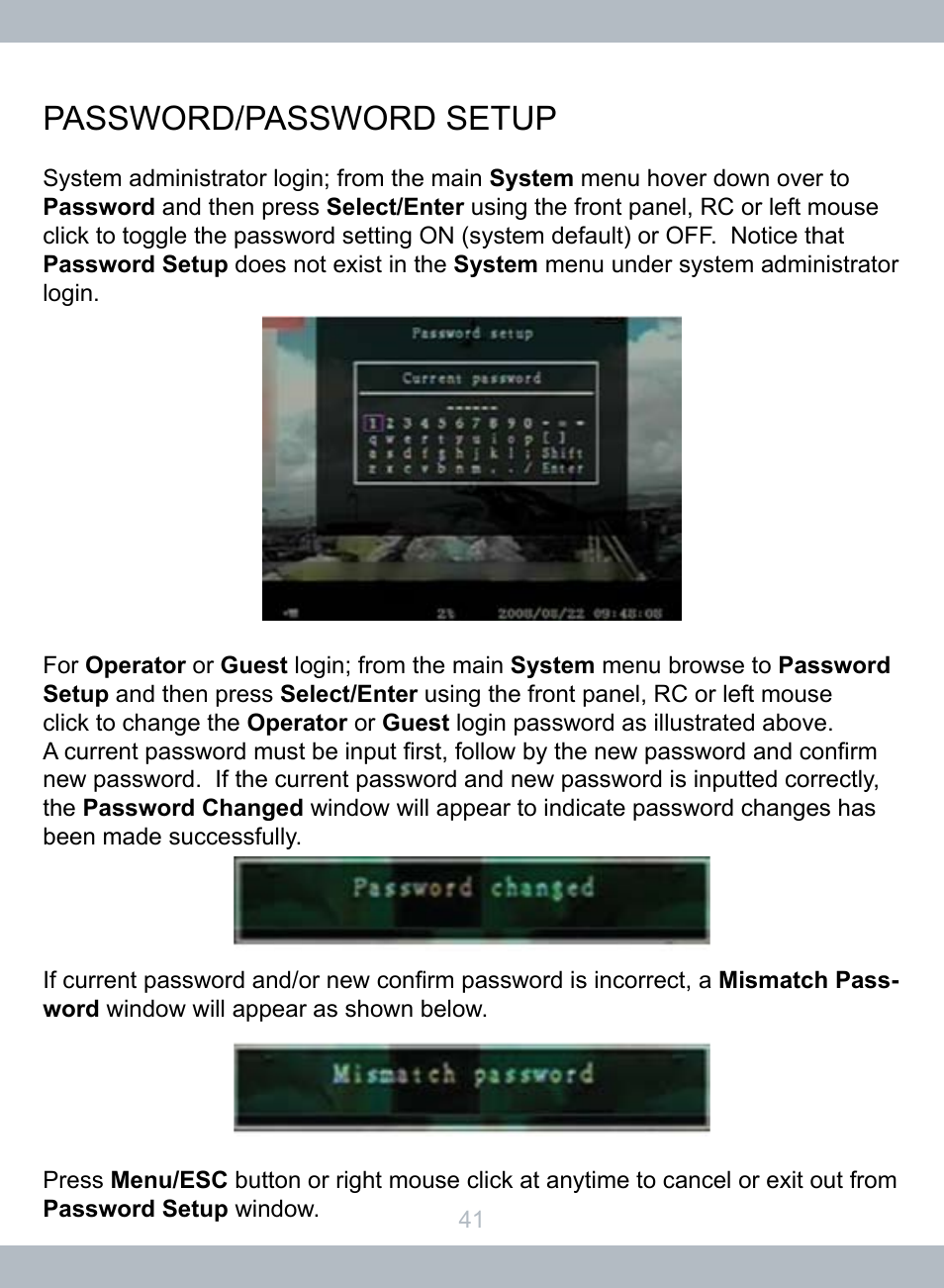 Password/password setup | SecurityMan LCDDVR4 User Manual | Page 47 / 78