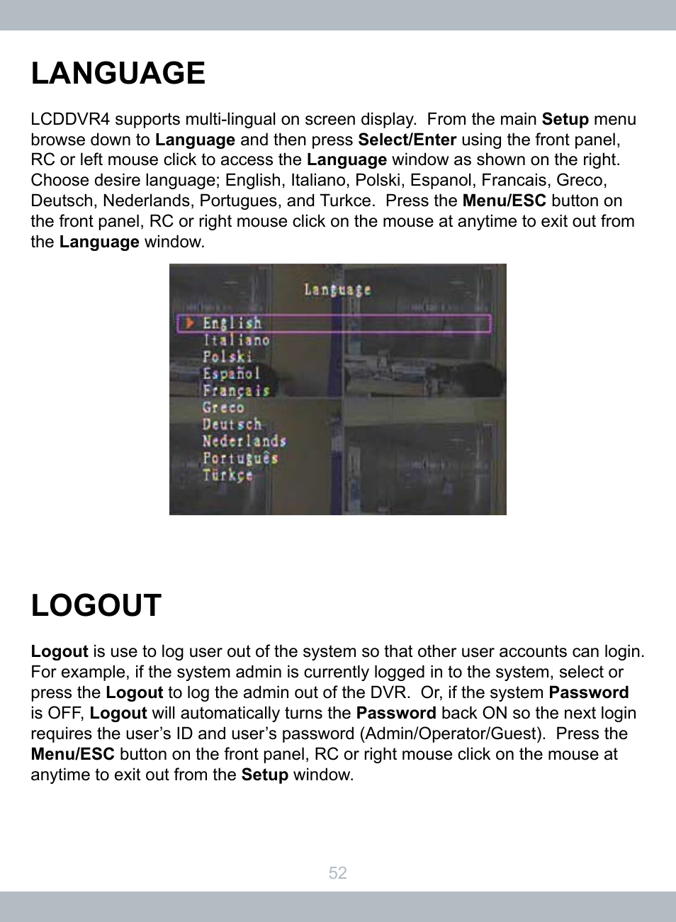 Language, Logout | SecurityMan LCDDVR4 User Manual | Page 58 / 78