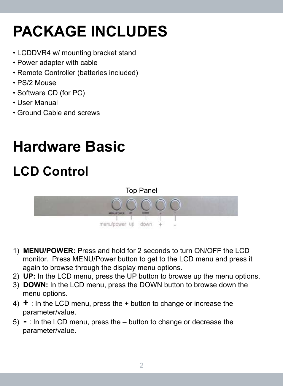 Package includes, Hardware basic, Lcd control | SecurityMan LCDDVR4 User Manual | Page 8 / 78