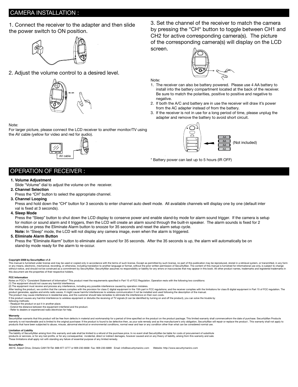 Camera installation : operation of receiver | SecurityMan SM-8029R User Manual | Page 2 / 2