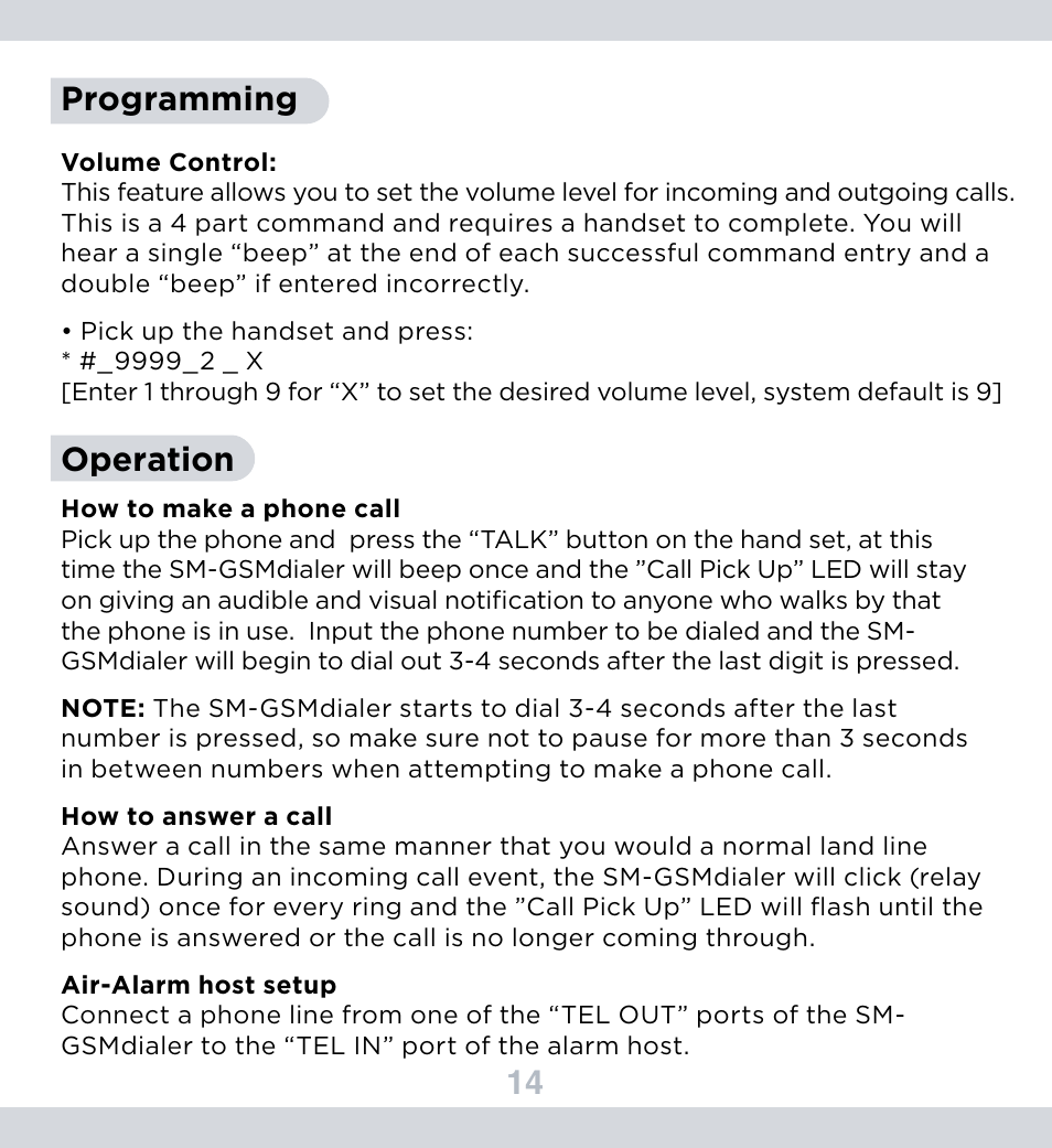 14 programming, Operation | SecurityMan SM-GSMDialer User Manual | Page 15 / 17