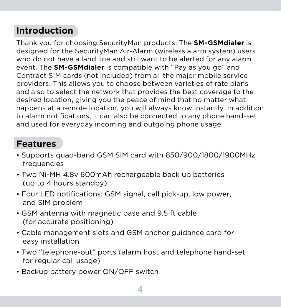 4introduction, Features | SecurityMan SM-GSMDialer User Manual | Page 5 / 17