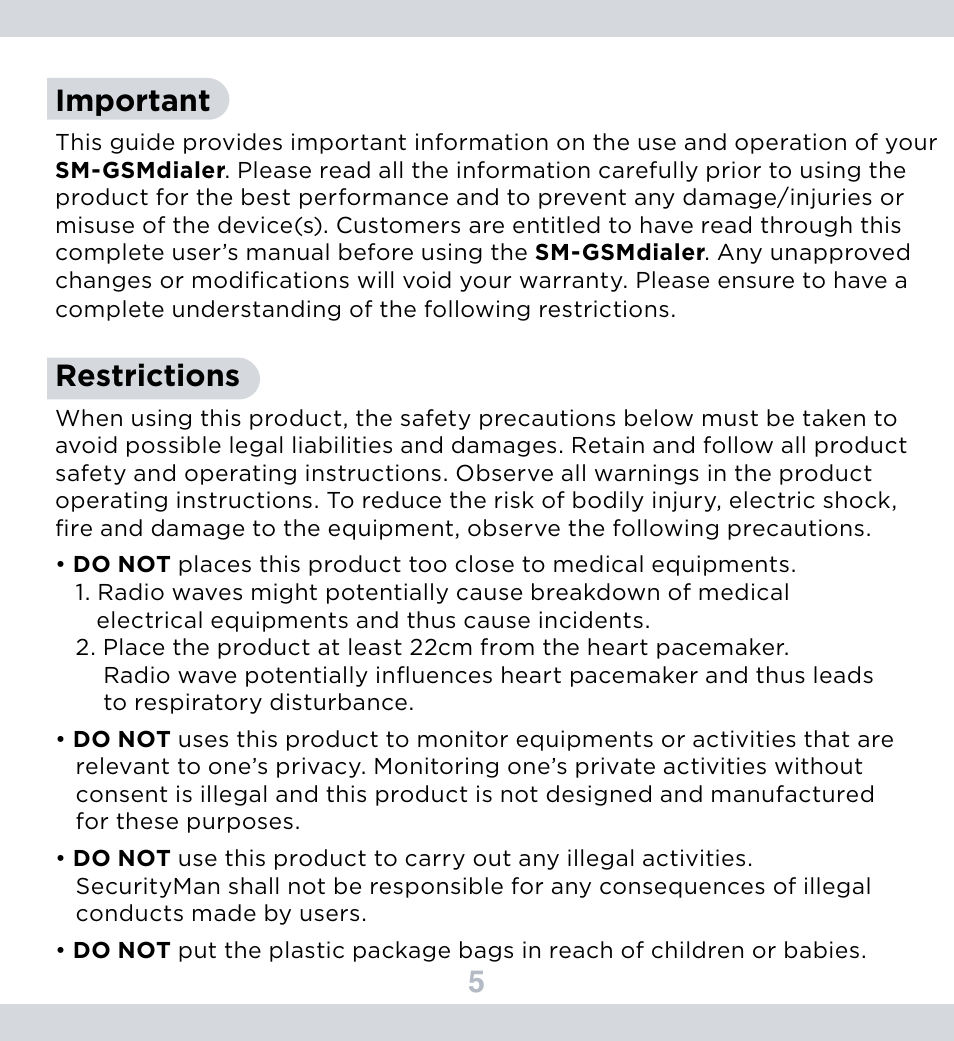 5important, Restrictions | SecurityMan SM-GSMDialer User Manual | Page 6 / 17