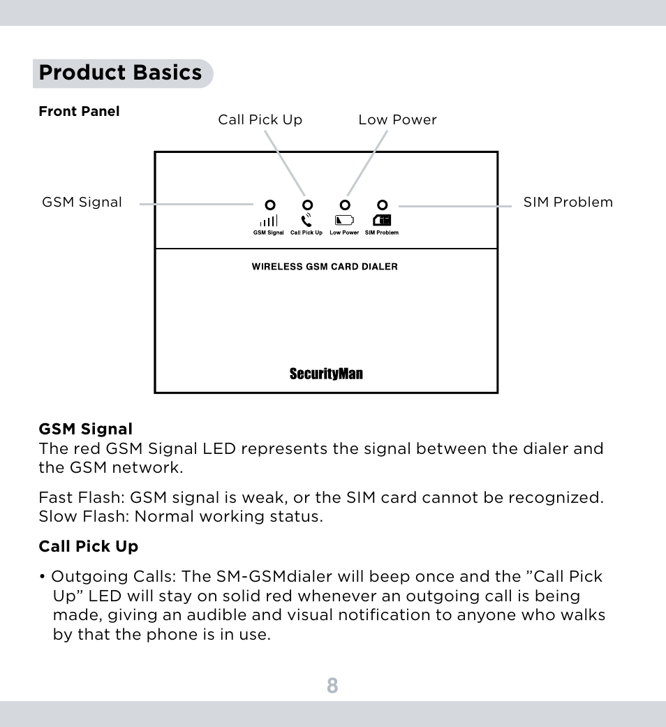 8product basics | SecurityMan SM-GSMDialer User Manual | Page 9 / 17