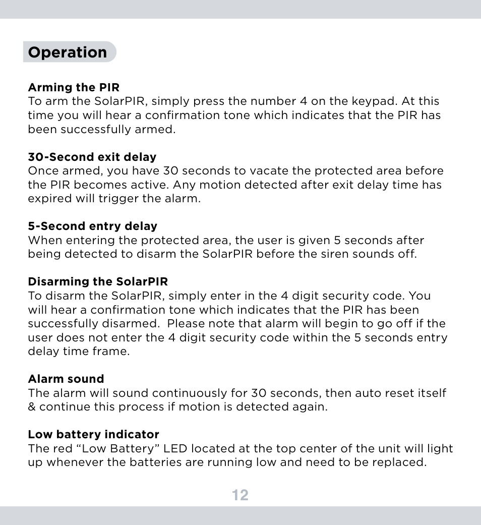 12 operation | SecurityMan SolarPIR User Manual | Page 13 / 15