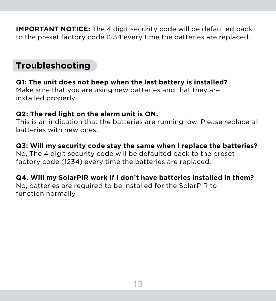 Troubleshooting | SecurityMan SolarPIR User Manual | Page 14 / 15