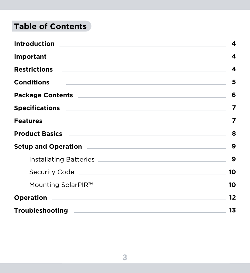 3table of contents | SecurityMan SolarPIR User Manual | Page 4 / 15