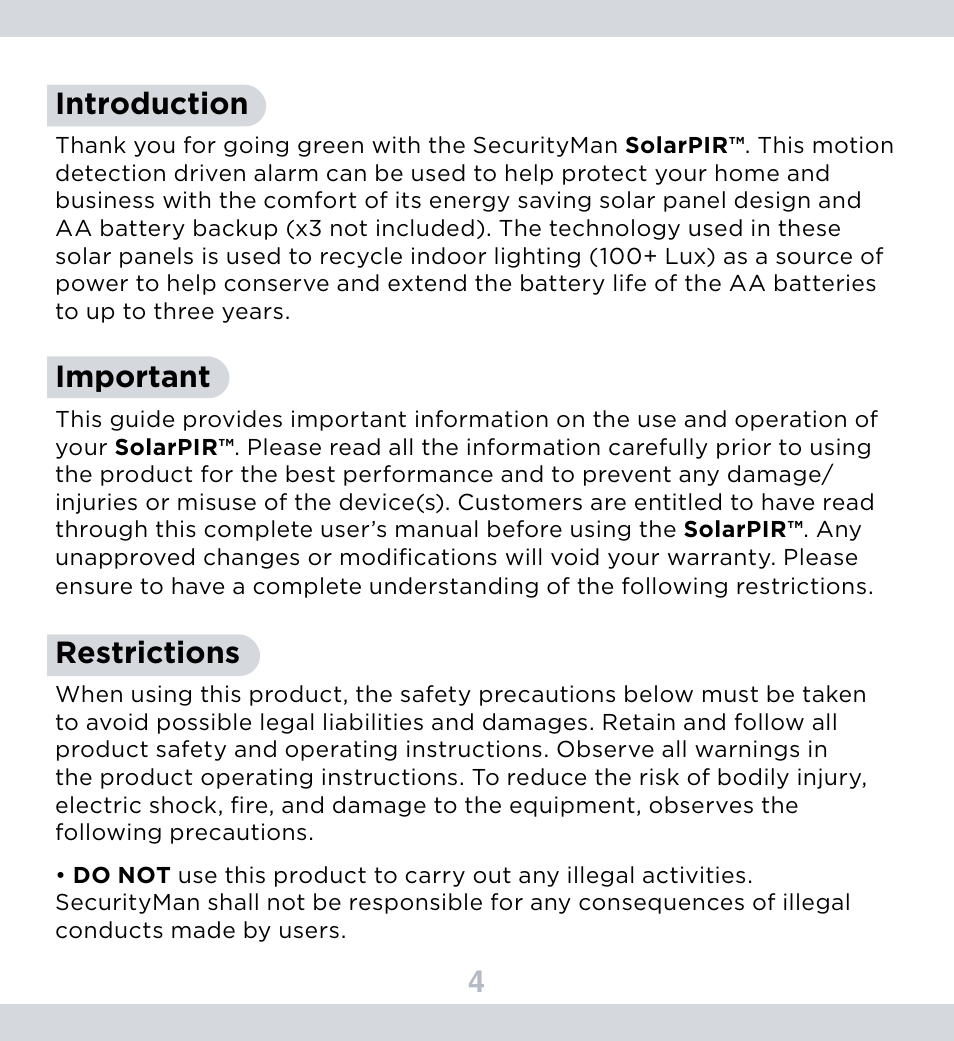 4introduction, Important, Restrictions | SecurityMan SolarPIR User Manual | Page 5 / 15