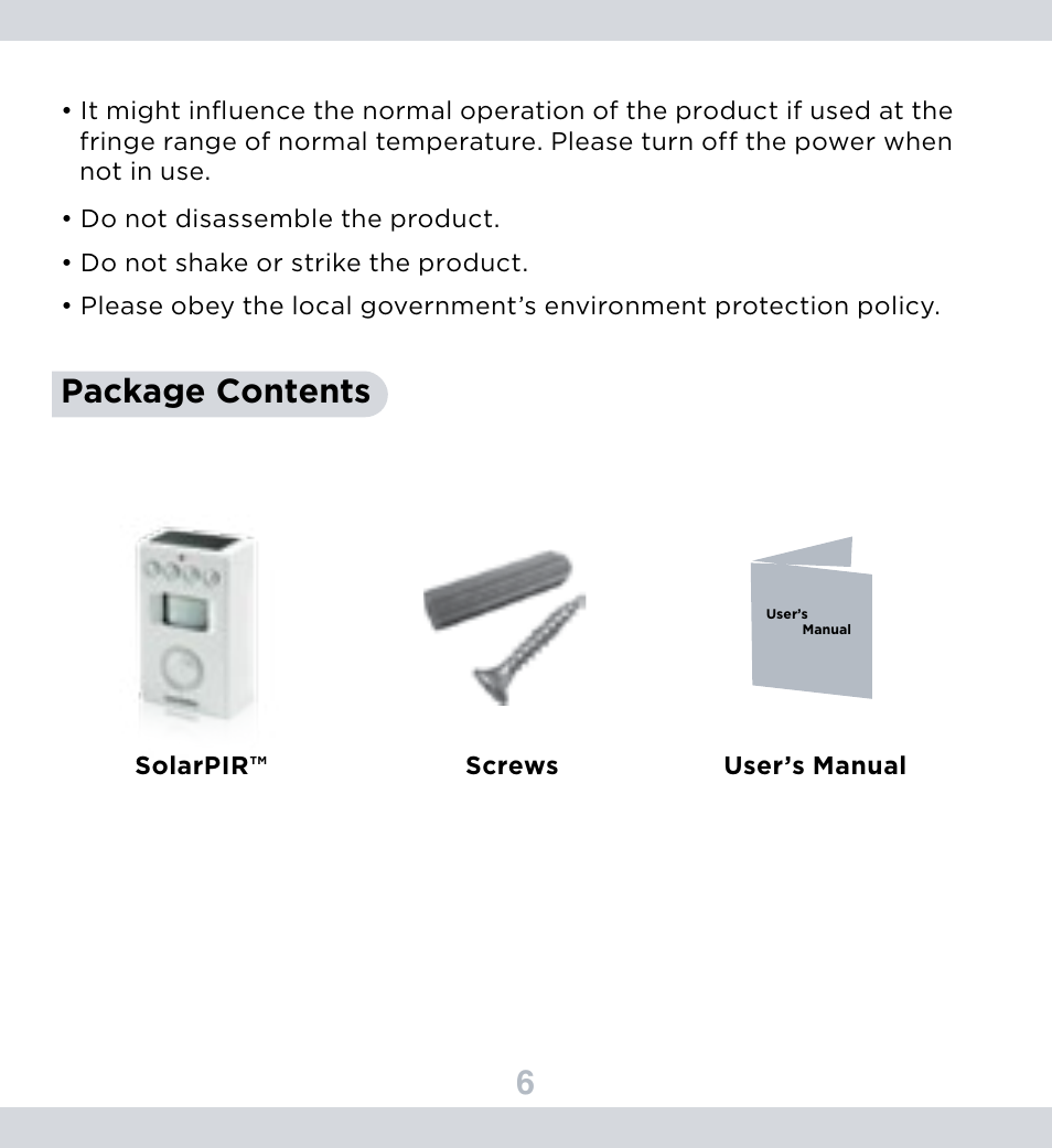 Package contents | SecurityMan SolarPIR User Manual | Page 7 / 15
