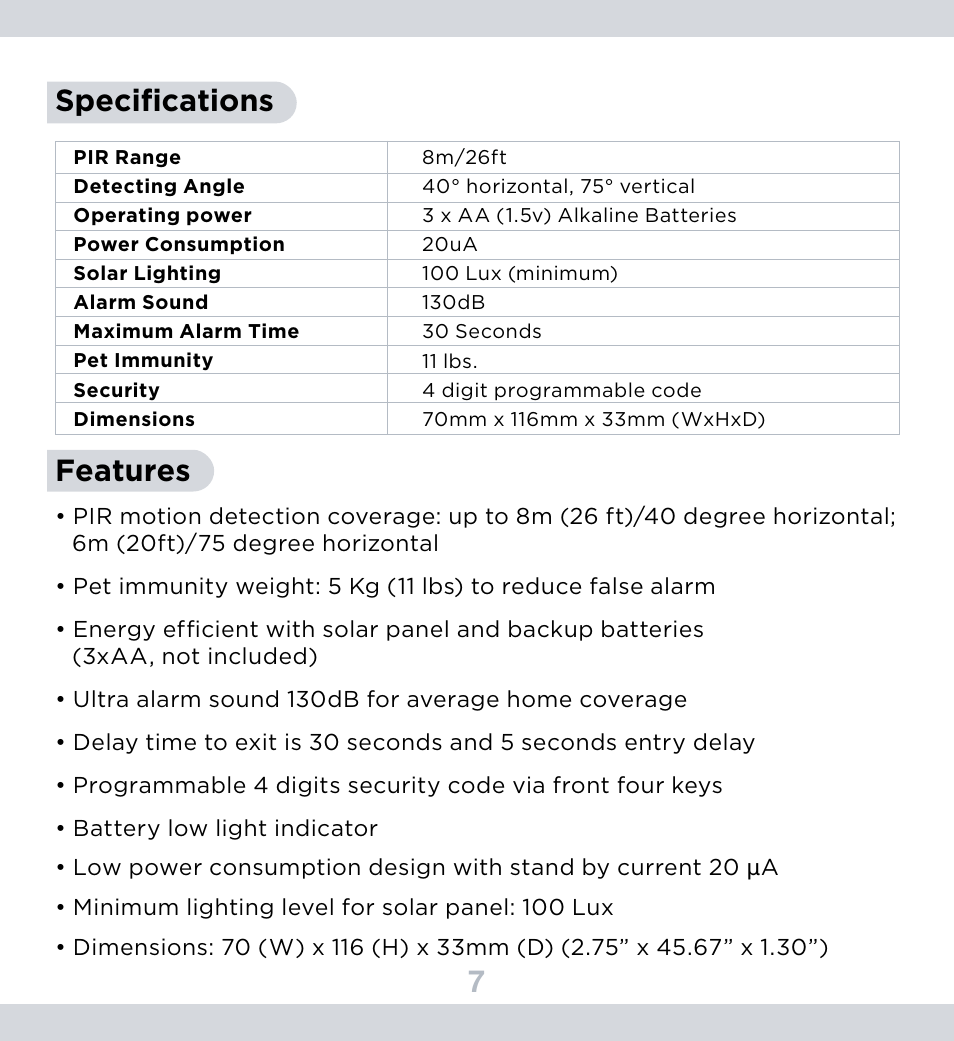 7specifications features | SecurityMan SolarPIR User Manual | Page 8 / 15