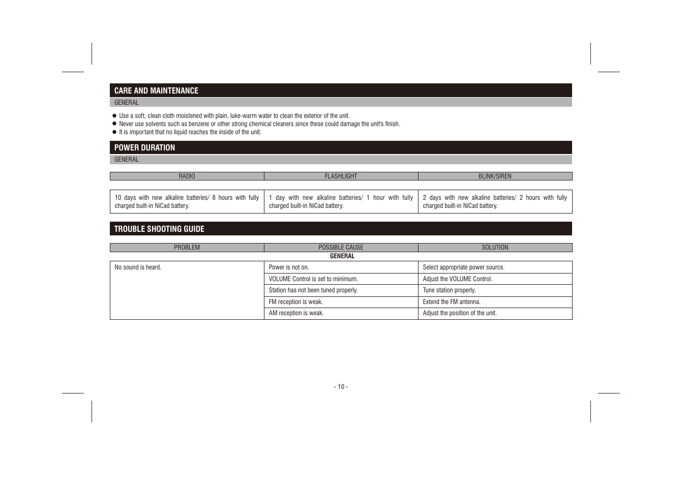 Care and maintenance, Power duration, Trouble shooting guide | Sentry Industries PR911 User Manual | Page 13 / 13