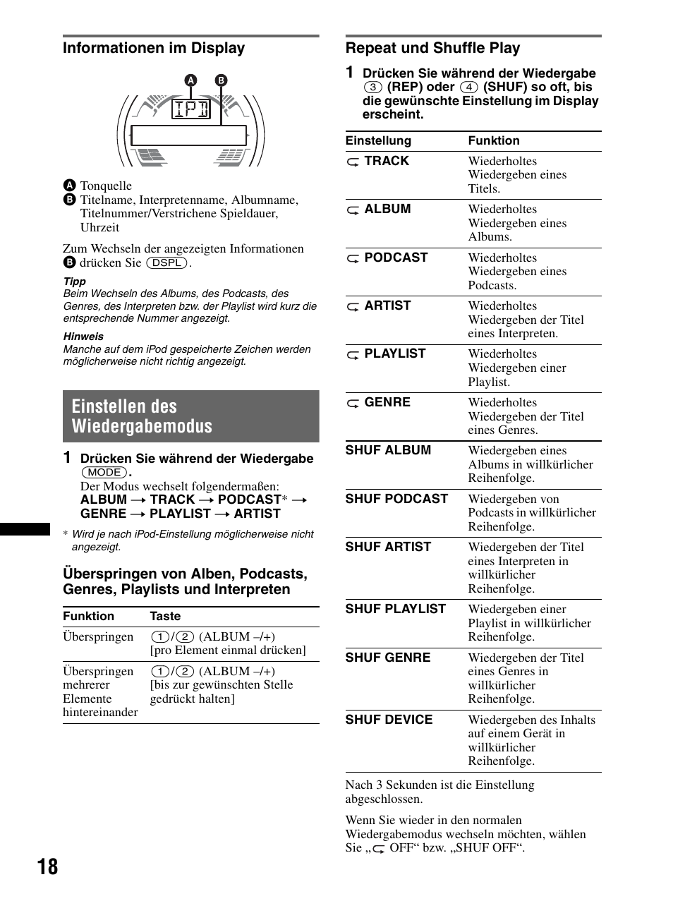 Informationen im display, Einstellen des wiedergabemodus, Repeat und shuffle play | Sony CDX-HR910UI User Manual | Page 100 / 168