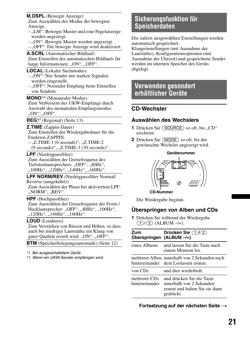 Sicherungsfunktion für speicherdaten, Verwenden gesondert erhältlicher geräte, Cd-wechsler | Sony CDX-HR910UI User Manual | Page 103 / 168