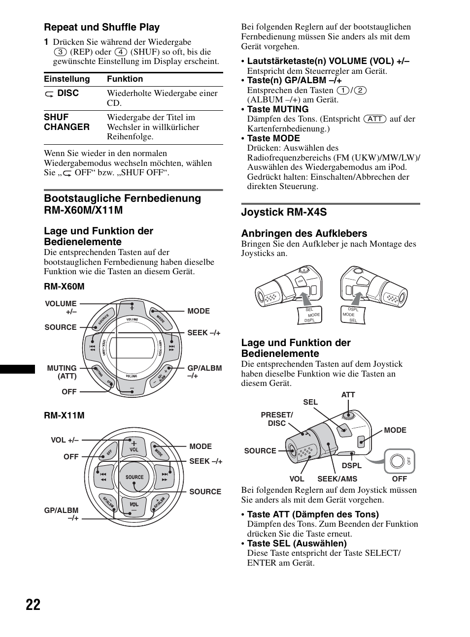 Bootstaugliche fernbedienung rm-x60m/x11m, Joystick rm-x4s, Repeat und shuffle play | Lage und funktion der bedienelemente, Anbringen des aufklebers | Sony CDX-HR910UI User Manual | Page 104 / 168