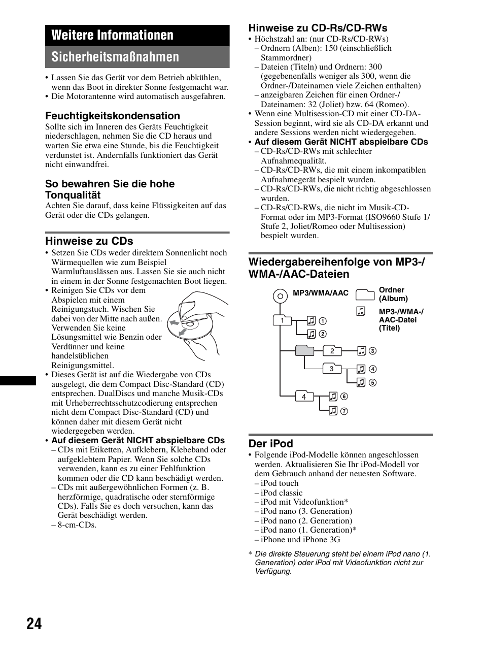 Weitere informationen, Sicherheitsmaßnahmen, Hinweise zu cds | Wiedergabereihenfolge von mp3-/ wma-/aac-dateien, Der ipod, Weitere informationen sicherheitsmaßnahmen | Sony CDX-HR910UI User Manual | Page 106 / 168