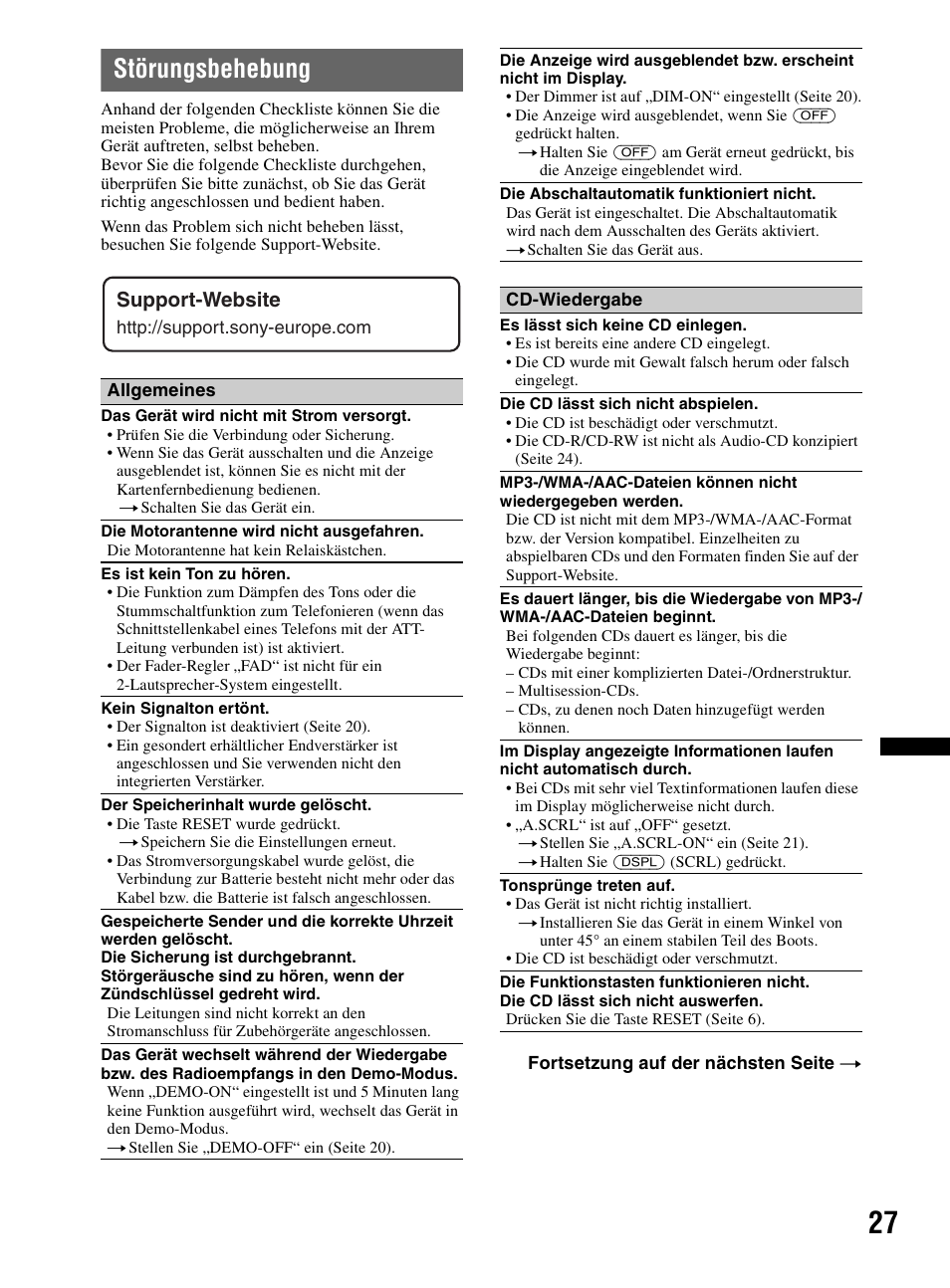 Störungsbehebung | Sony CDX-HR910UI User Manual | Page 109 / 168