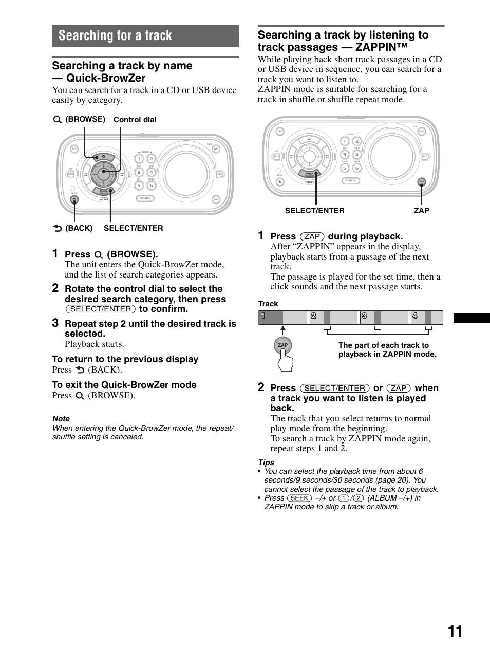 Searching for a track, Searching a track by name - quick-browzer, Searching a track by name — quick-browzer | Browse) control dial (back) select/enter, Zap select/enter | Sony CDX-HR910UI User Manual | Page 11 / 168