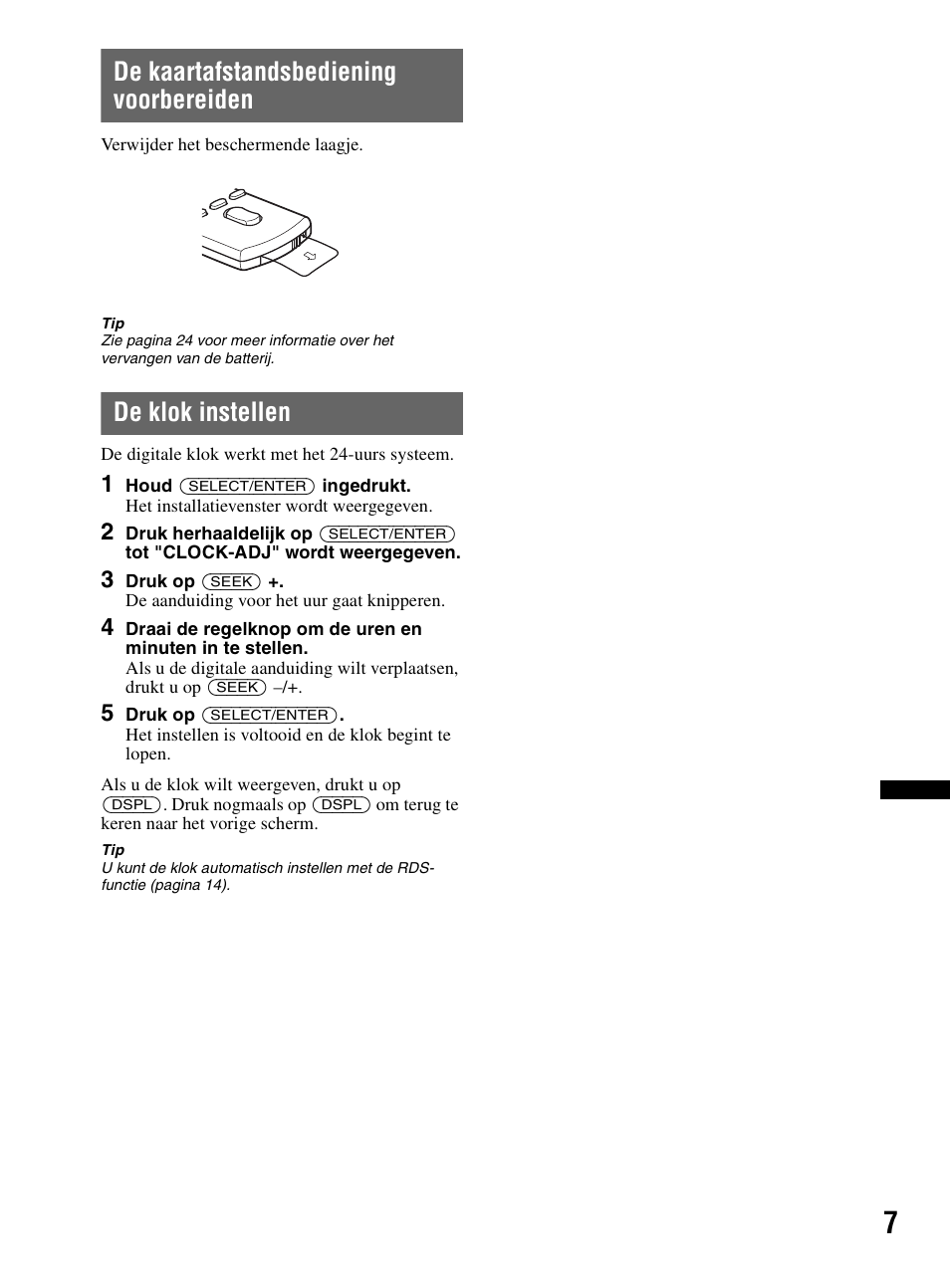 De kaartafstandsbediening voorbereiden, De klok instellen | Sony CDX-HR910UI User Manual | Page 117 / 168