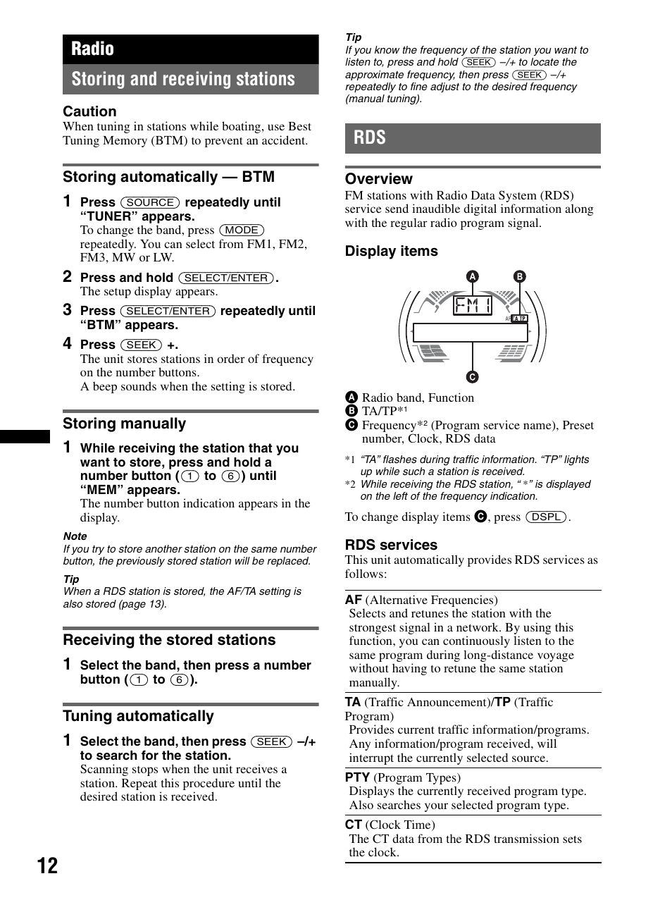 Radio, Storing and receiving stations, Storing automatically - btm | Storing manually, Receiving the stored stations, Tuning automatically, Overview, Radio storing and receiving stations | Sony CDX-HR910UI User Manual | Page 12 / 168