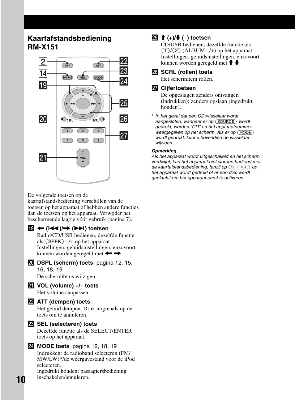 Kaartafstandsbediening rm-x151 | Sony CDX-HR910UI User Manual | Page 120 / 168