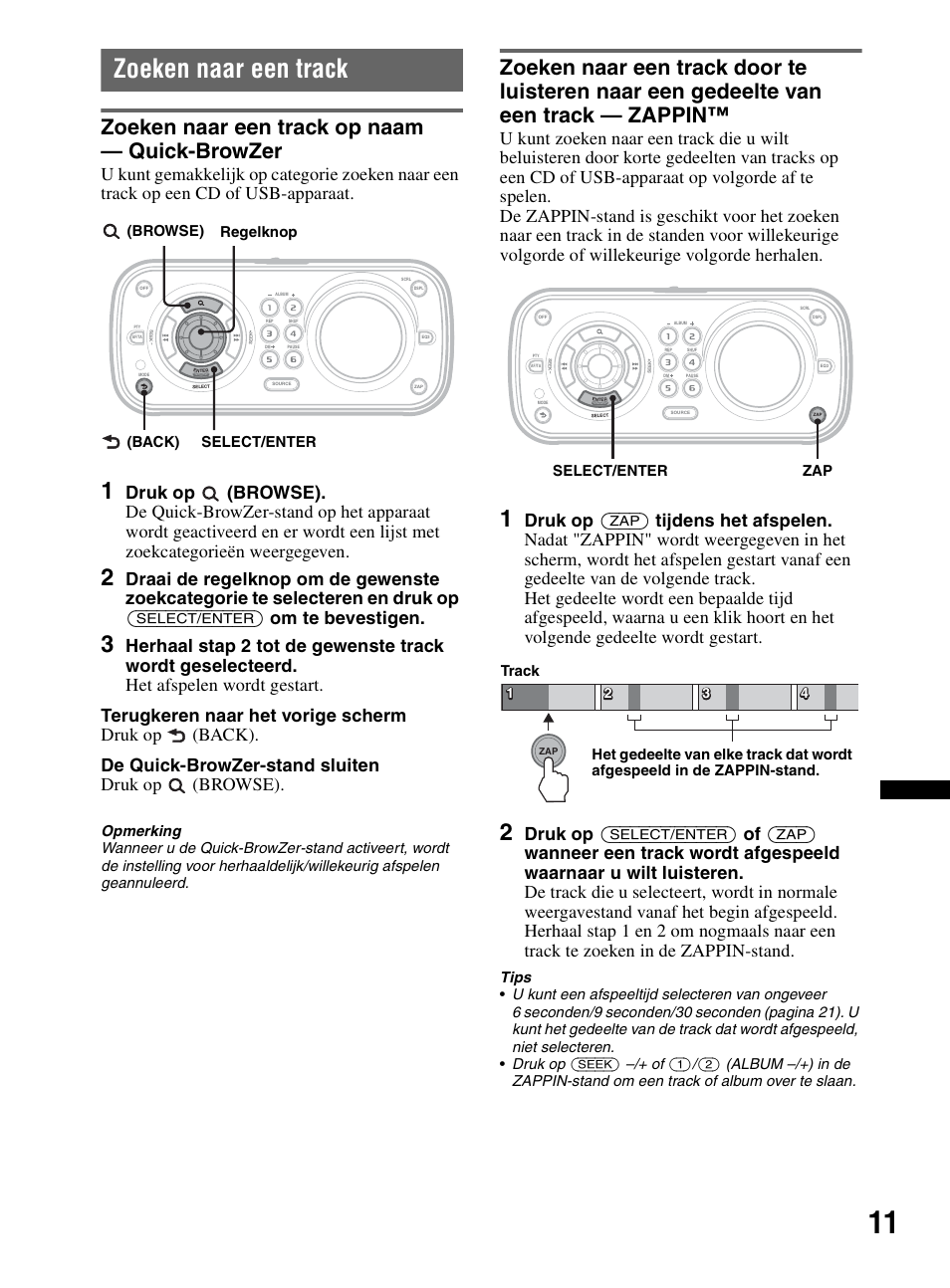 Zoeken naar een track, Zoeken naar een track op naam - quick-browzer, Zoeken naar een track op naam — quick-browzer | Browse) regelknop (back) select/enter, Zap select/enter | Sony CDX-HR910UI User Manual | Page 121 / 168