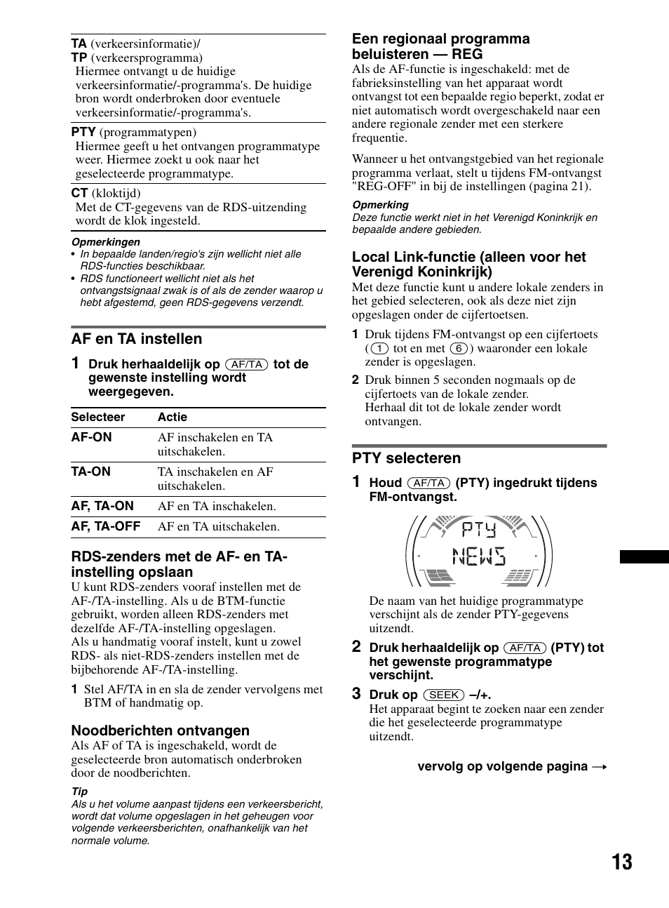 Af en ta instellen, Pty selecteren, Af en ta instellen pty selecteren | Sony CDX-HR910UI User Manual | Page 123 / 168