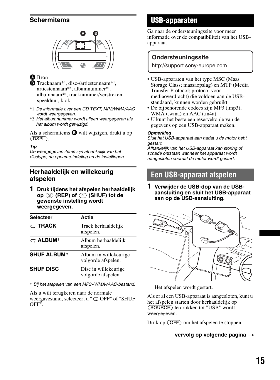 Schermitems, Herhaaldelijk en willekeurig afspelen, Usb-apparaten | Een usb-apparaat afspelen, Schermitems herhaaldelijk en willekeurig afspelen | Sony CDX-HR910UI User Manual | Page 125 / 168