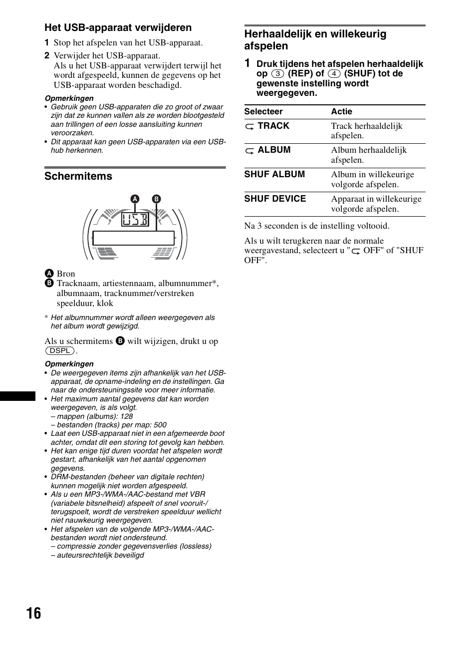 Schermitems, Herhaaldelijk en willekeurig afspelen, Schermitems herhaaldelijk en willekeurig afspelen | Sony CDX-HR910UI User Manual | Page 126 / 168