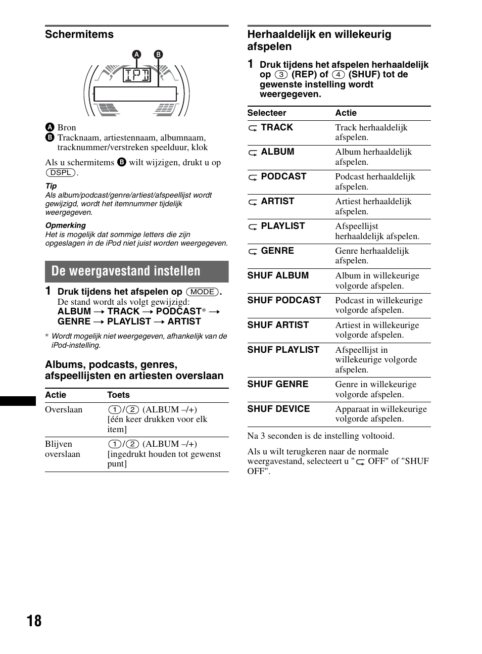 Schermitems, De weergavestand instellen, Herhaaldelijk en willekeurig afspelen | Sony CDX-HR910UI User Manual | Page 128 / 168