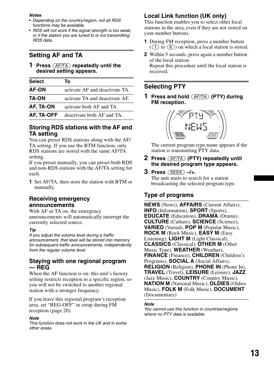 Setting af and ta, Selecting pty, Setting af and ta selecting pty | Sony CDX-HR910UI User Manual | Page 13 / 168
