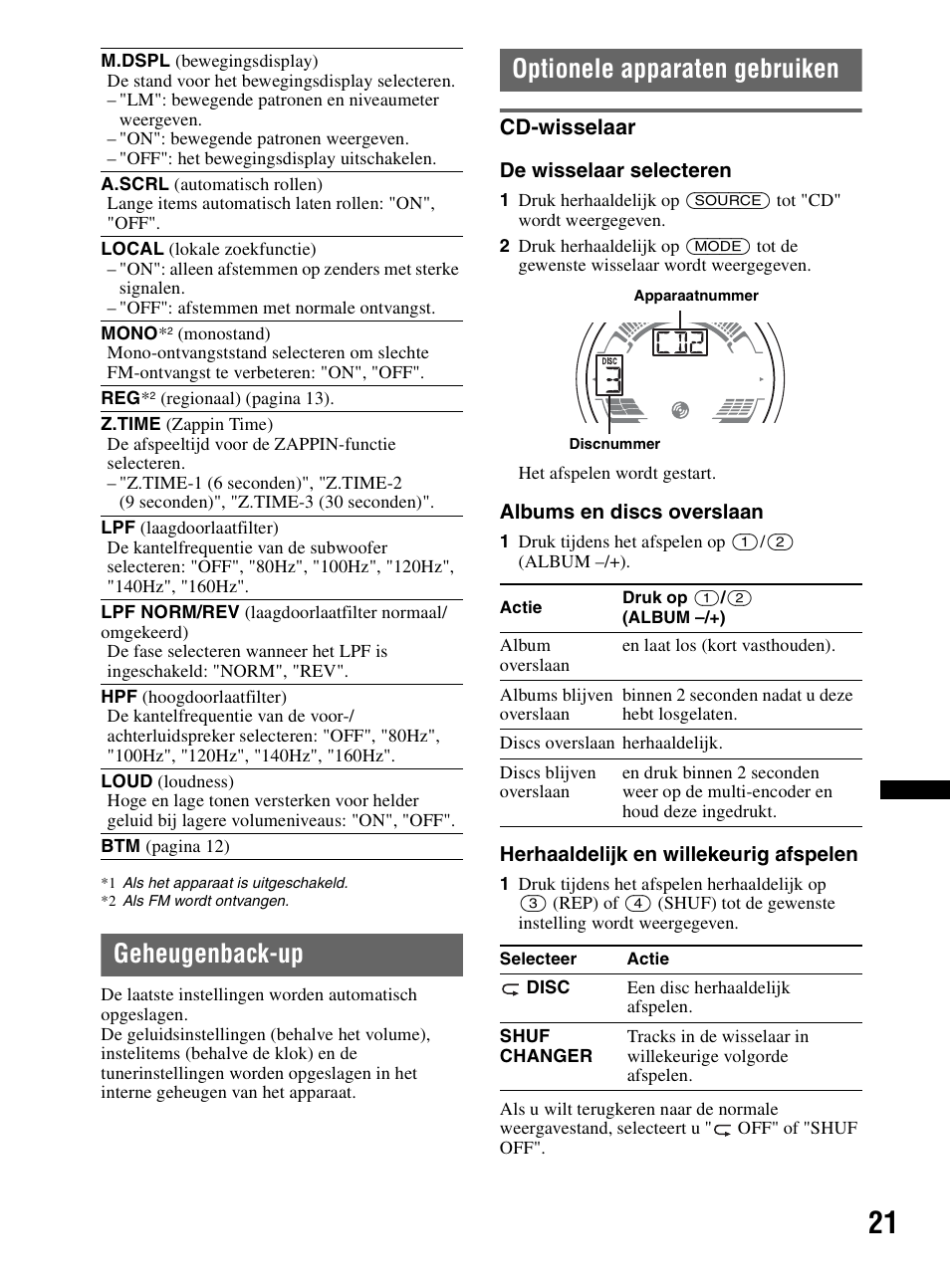 Geheugenback-up, Optionele apparaten gebruiken, Cd-wisselaar | Geheugenback-up optionele apparaten gebruiken | Sony CDX-HR910UI User Manual | Page 131 / 168