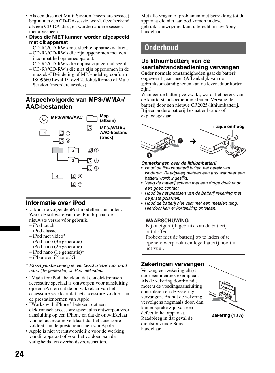 Afspeelvolgorde van mp3-/wma-/ aac-bestanden, Informatie over ipod, Onderhoud | Sony CDX-HR910UI User Manual | Page 134 / 168