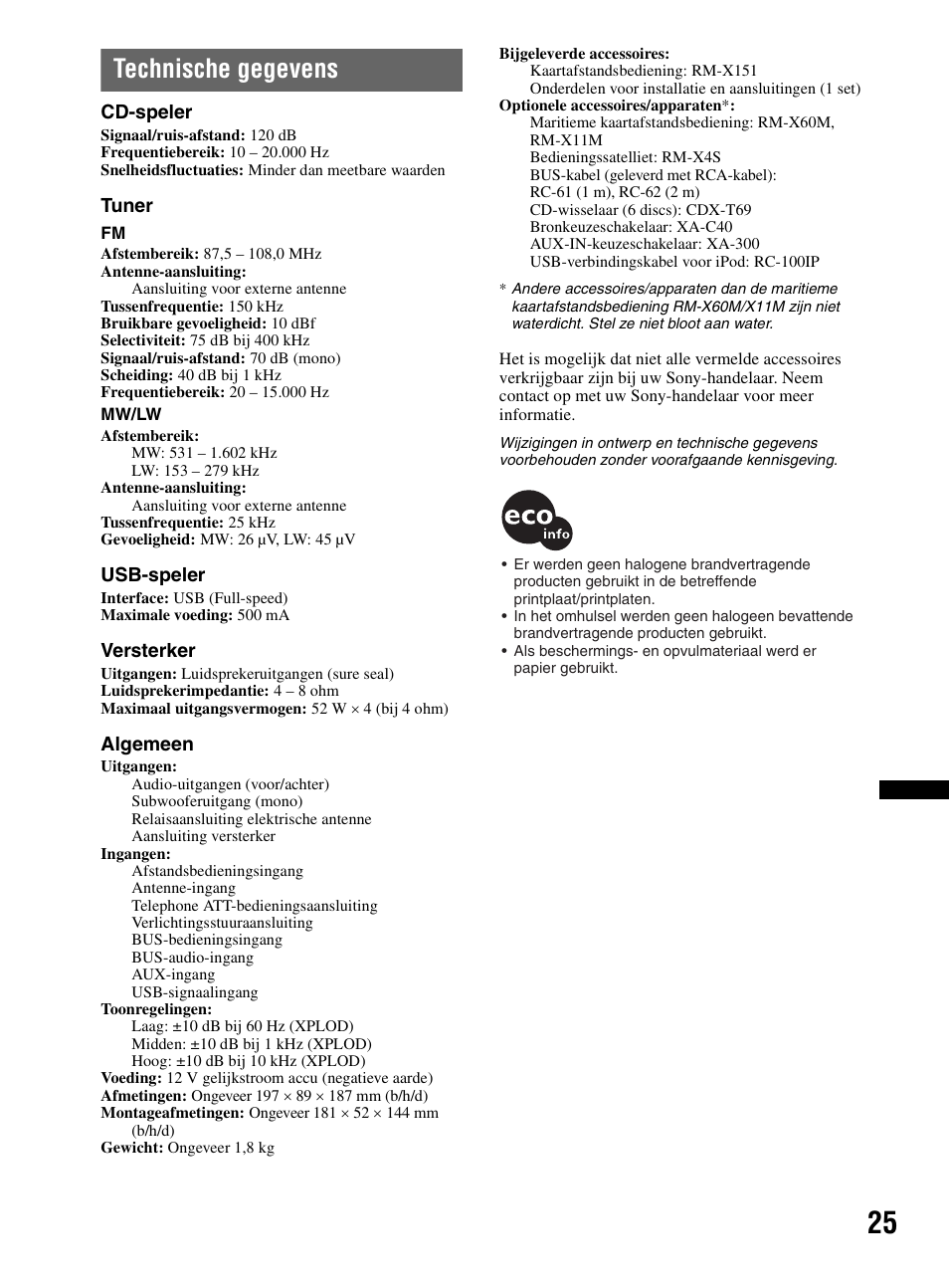 Technische gegevens | Sony CDX-HR910UI User Manual | Page 135 / 168