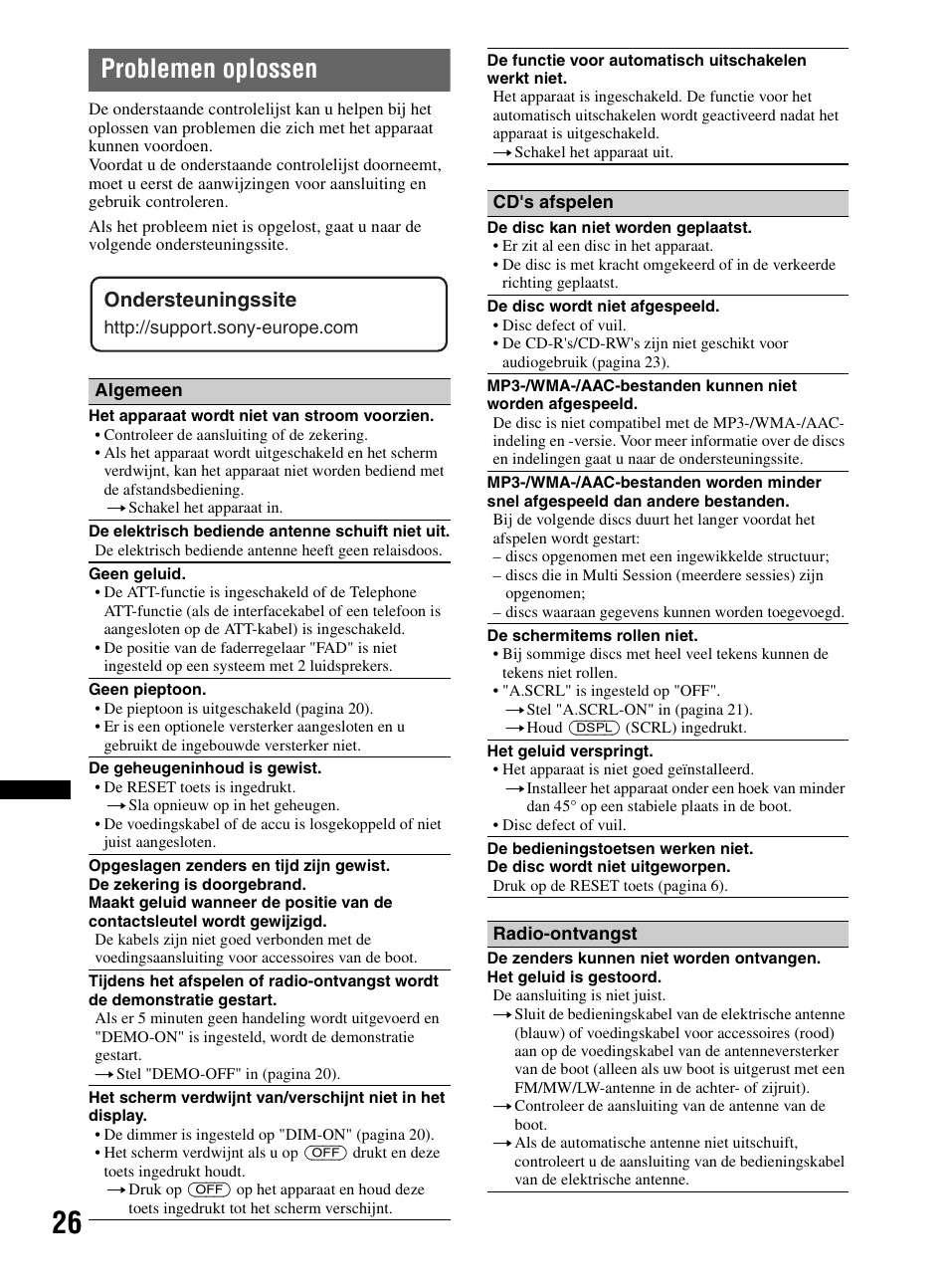 Problemen oplossen, Ondersteuningssite | Sony CDX-HR910UI User Manual | Page 136 / 168