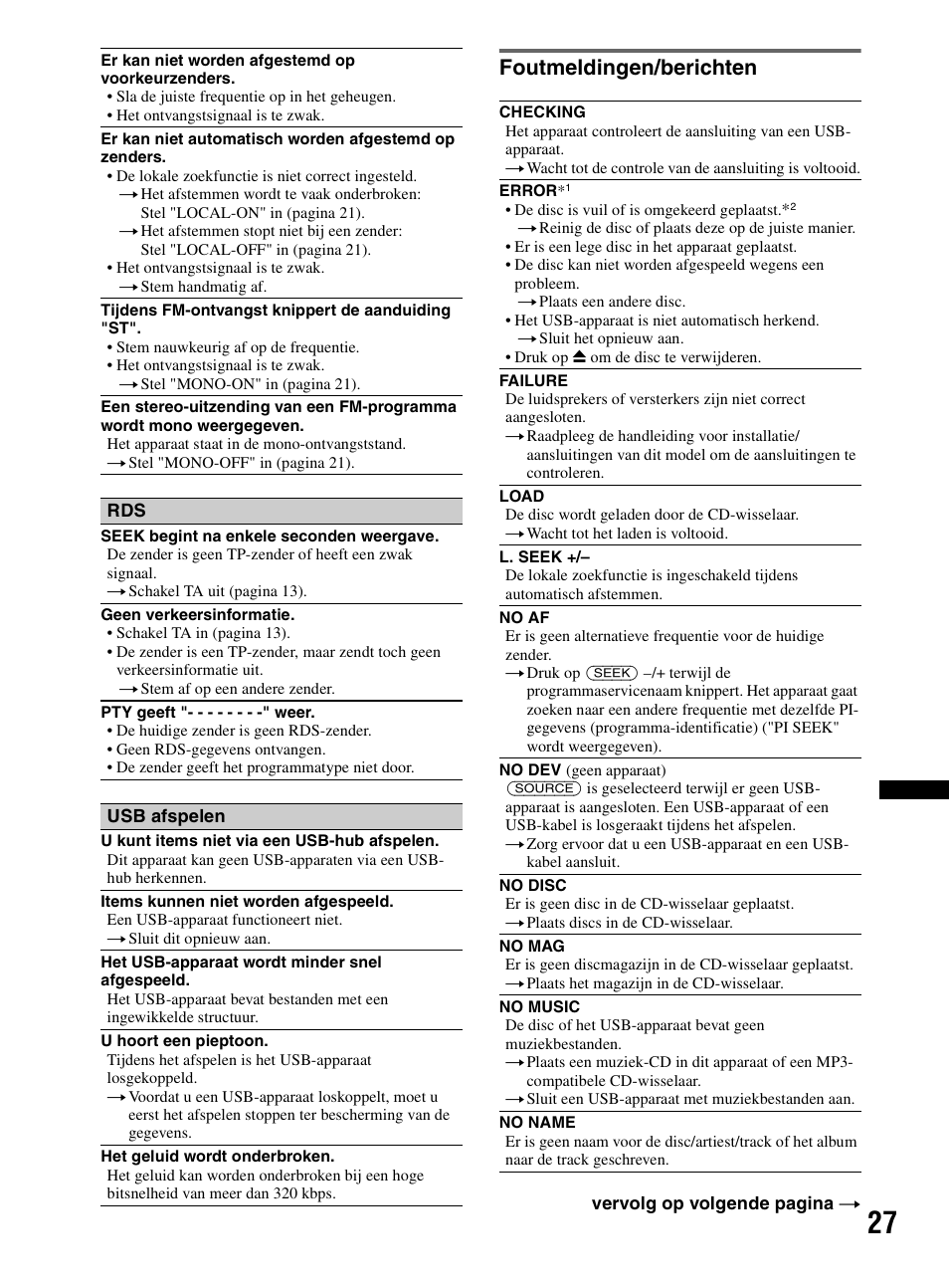 Foutmeldingen/berichten | Sony CDX-HR910UI User Manual | Page 137 / 168