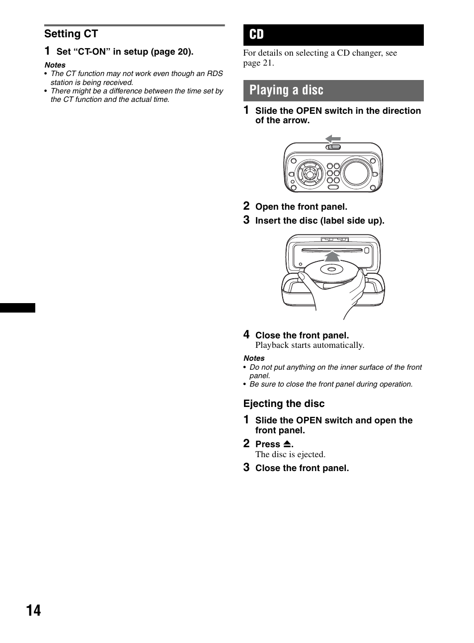 Setting ct, Playing a disc | Sony CDX-HR910UI User Manual | Page 14 / 168