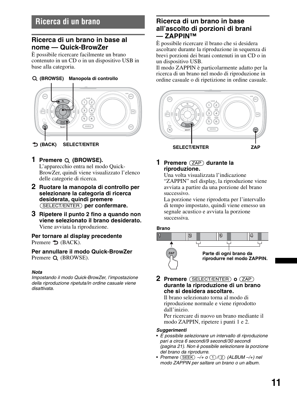 Ricerca di un brano, Ck)/mode, Browse) manopola di controllo (back) select/enter | Zap select/enter | Sony CDX-HR910UI User Manual | Page 149 / 168