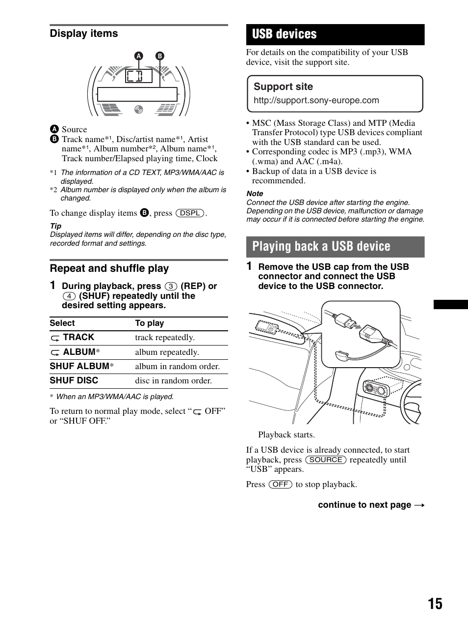 Display items, Repeat and shuffle play, Usb devices | Playing back a usb device, Display items repeat and shuffle play | Sony CDX-HR910UI User Manual | Page 15 / 168