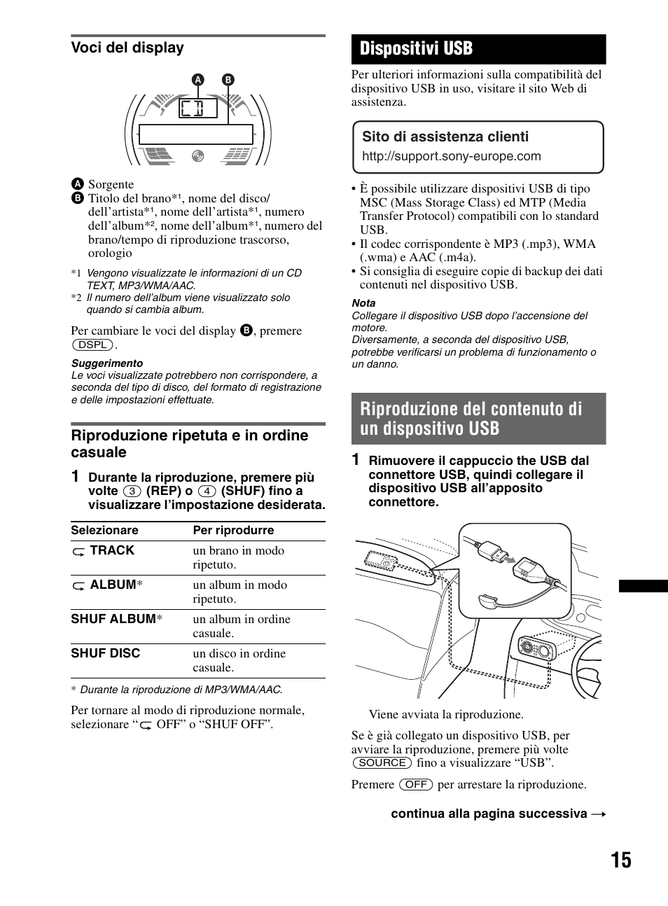 Voci del display, Riproduzione ripetuta e in ordine casuale, Dispositivi usb | Riproduzione del contenuto di un dispositivo usb | Sony CDX-HR910UI User Manual | Page 153 / 168