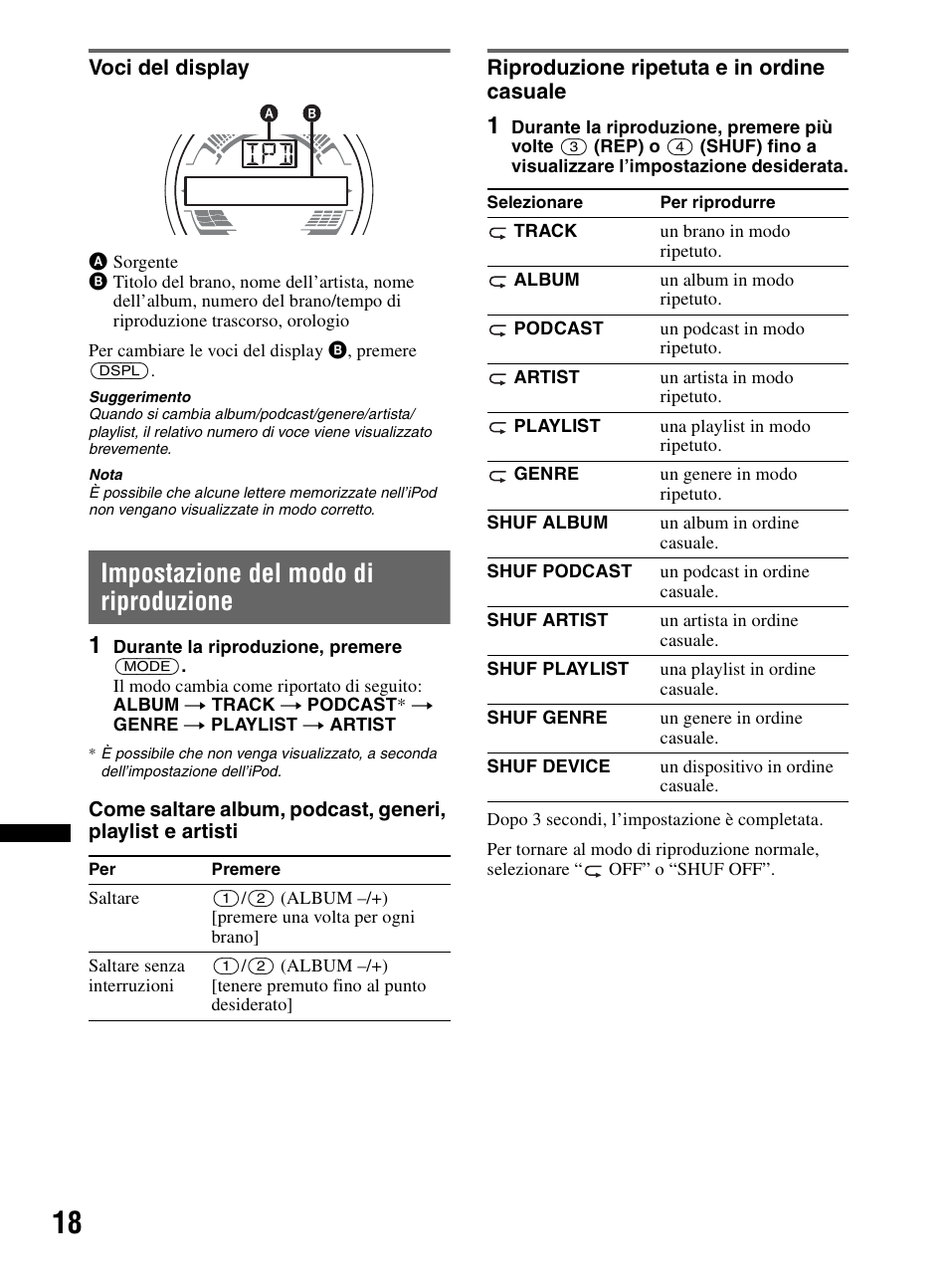 Voci del display, Impostazione del modo di riproduzione, Riproduzione ripetuta e in ordine casuale | Sony CDX-HR910UI User Manual | Page 156 / 168