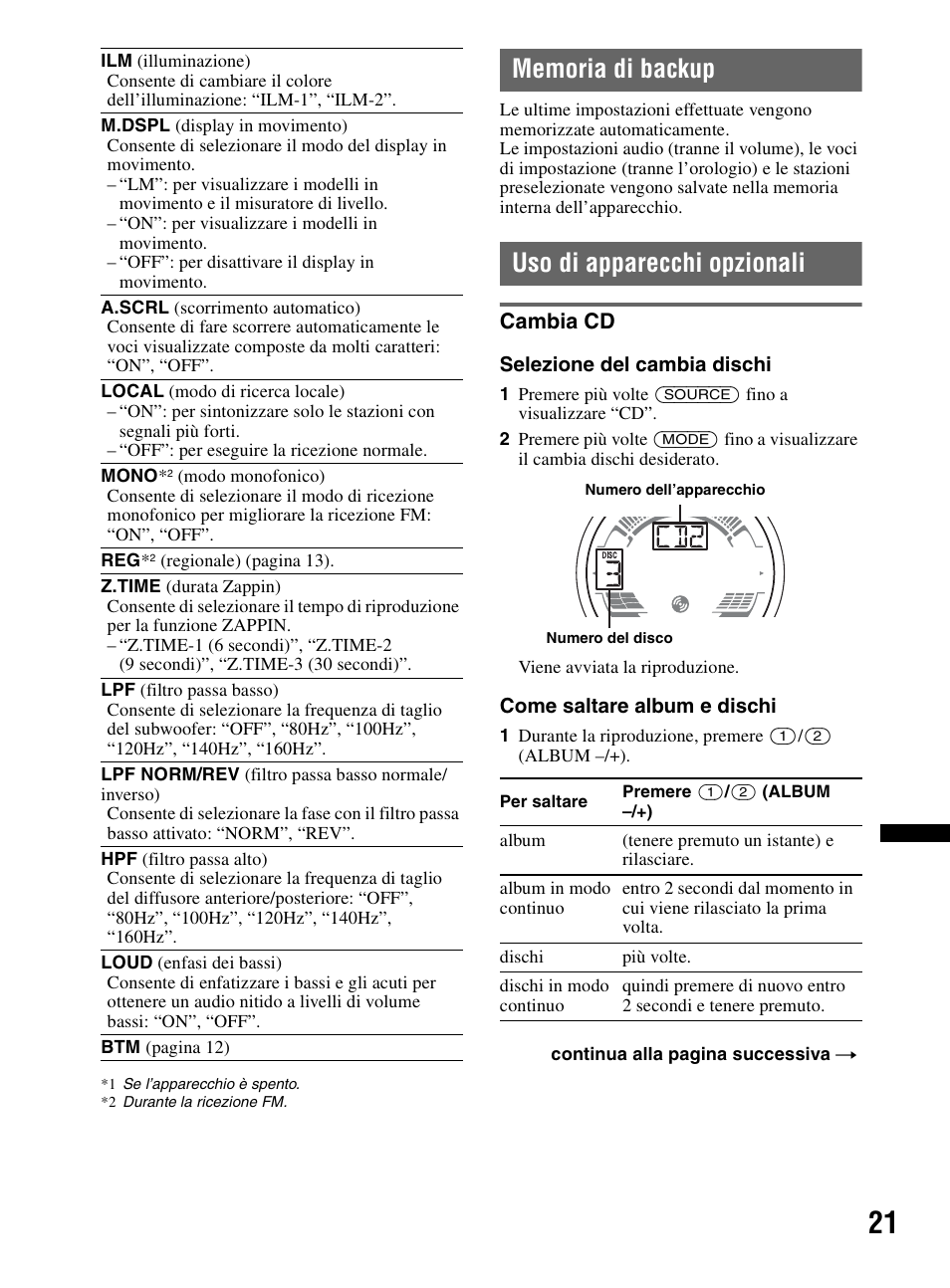 Memoria di backup, Uso di apparecchi opzionali, Cambia cd | Memoria di backup uso di apparecchi opzionali | Sony CDX-HR910UI User Manual | Page 159 / 168