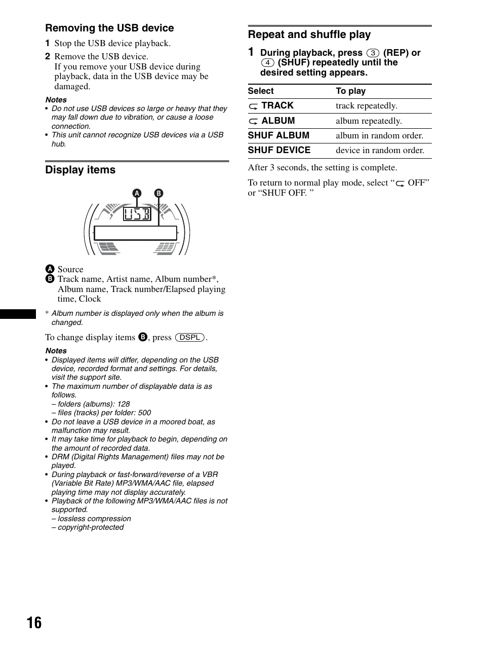 Display items, Repeat and shuffle play, Display items repeat and shuffle play | Sony CDX-HR910UI User Manual | Page 16 / 168