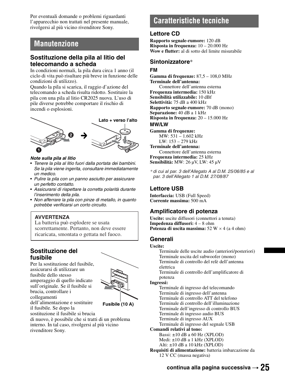 Manutenzione, Caratteristiche tecniche, Manutenzione caratteristiche tecniche | Sony CDX-HR910UI User Manual | Page 163 / 168