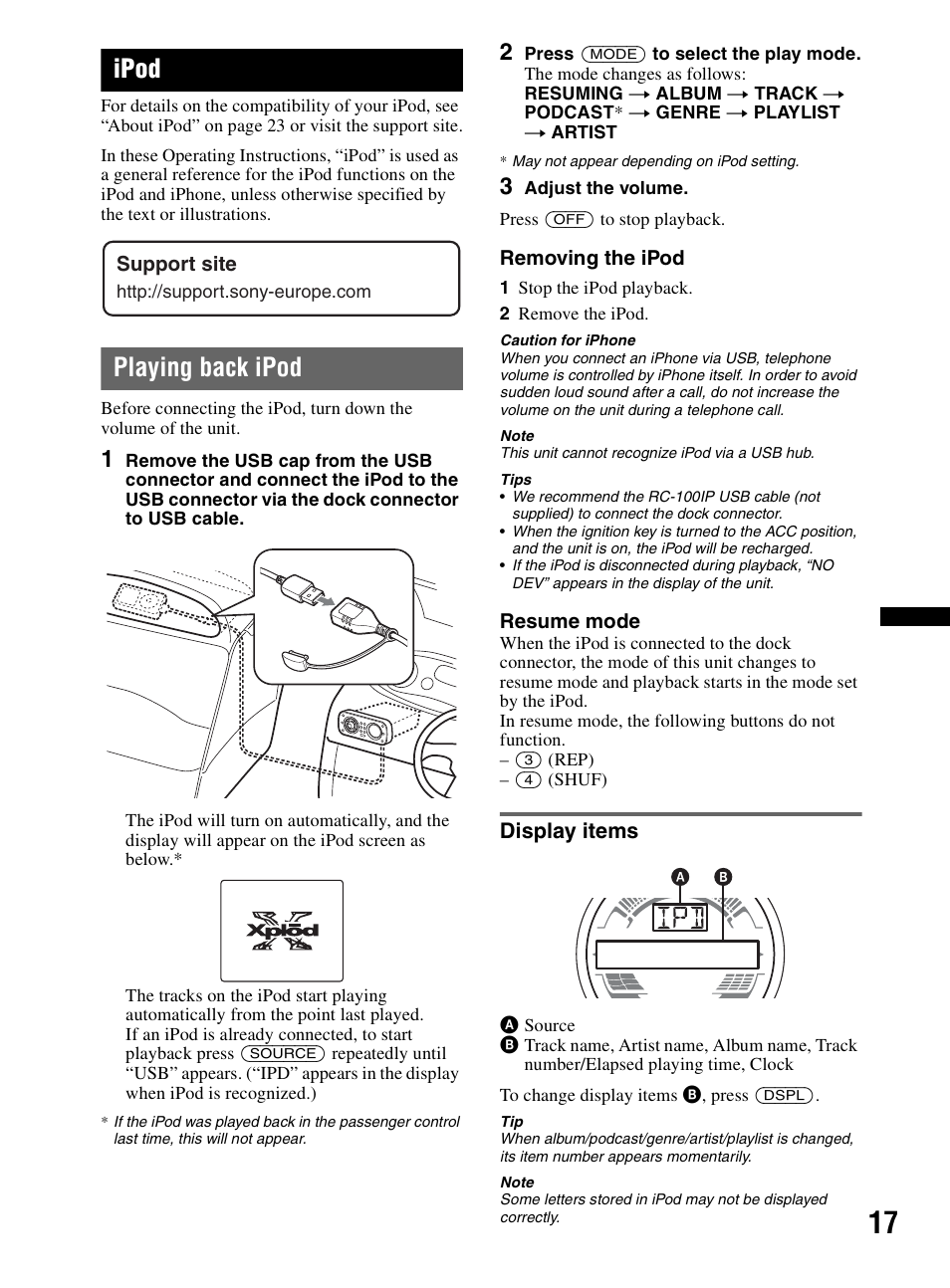 Ipod, Playing back ipod, Display items | Sony CDX-HR910UI User Manual | Page 17 / 168