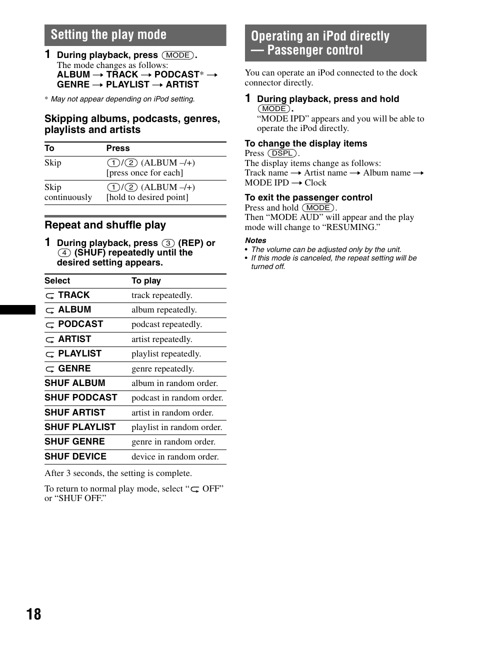 Setting the play mode, Repeat and shuffle play, Operating an ipod directly - passenger control | Operating an ipod directly — passenger control | Sony CDX-HR910UI User Manual | Page 18 / 168