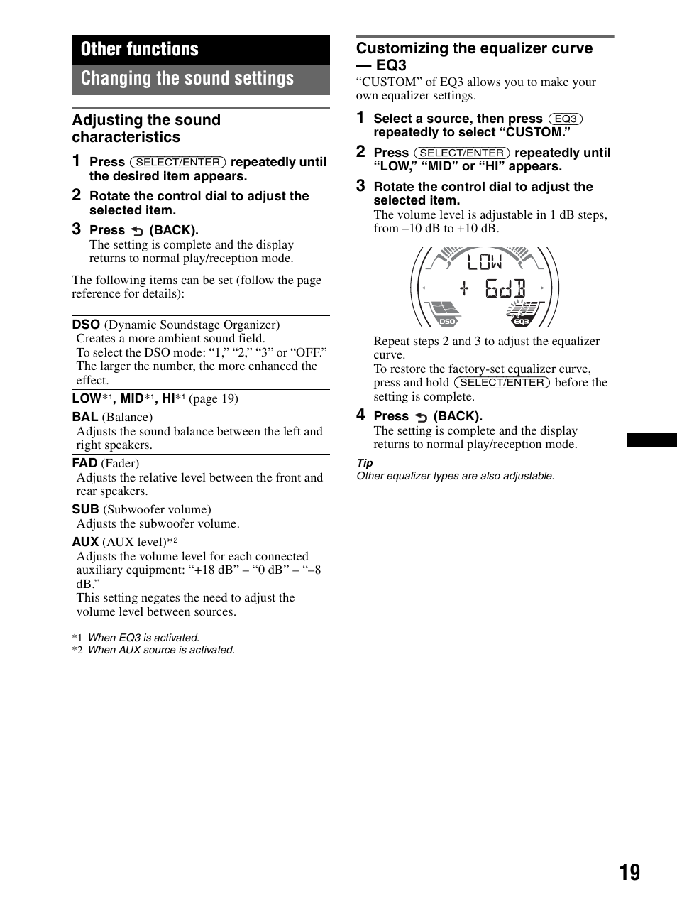 Other functions, Changing the sound settings, Adjusting the sound characteristics | Customizing the equalizer curve - eq3, Other functions changing the sound settings | Sony CDX-HR910UI User Manual | Page 19 / 168