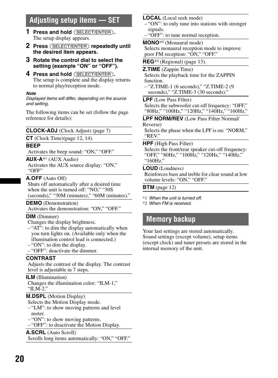 Adjusting setup items - set, Memory backup, Adjusting setup items — set memory backup | Adjusting setup items — set | Sony CDX-HR910UI User Manual | Page 20 / 168