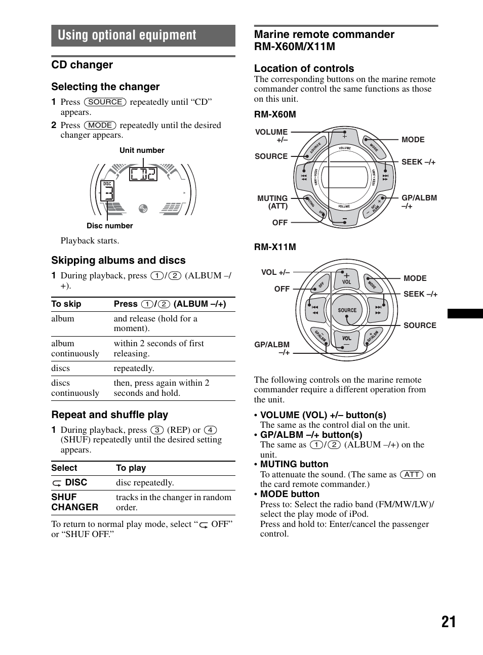 Using optional equipment, Cd changer, Marine remote commander rm-x60m/x11m | Cd changer marine remote commander rm-x60m/x11m | Sony CDX-HR910UI User Manual | Page 21 / 168